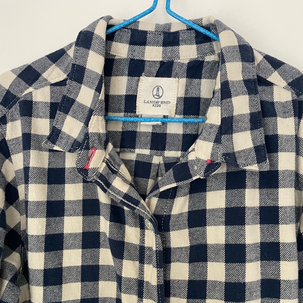 LANDS END kids Flannel Button Down Shirt Navy White size 8